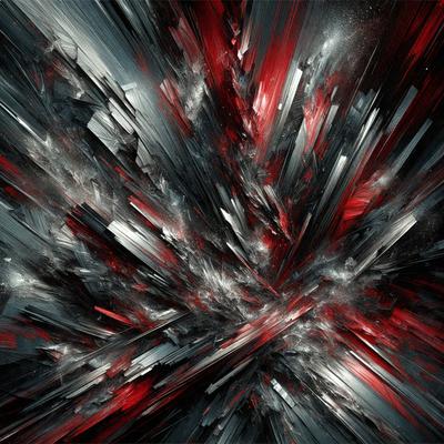 The primary subject of the image is a close-up of a red and black abstract art piece. The setting is a black and white background, which contrasts with the vibrant colors of the artwork. The visual style is a combination of digital art and illustration, creating a unique and eye-catching design. The dominant colors are red and black, giving the artwork a bold and striking appearance.